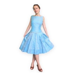 60s Blue Striped Party Dress Vintage 1960s Sleeveless XS 24 Waist